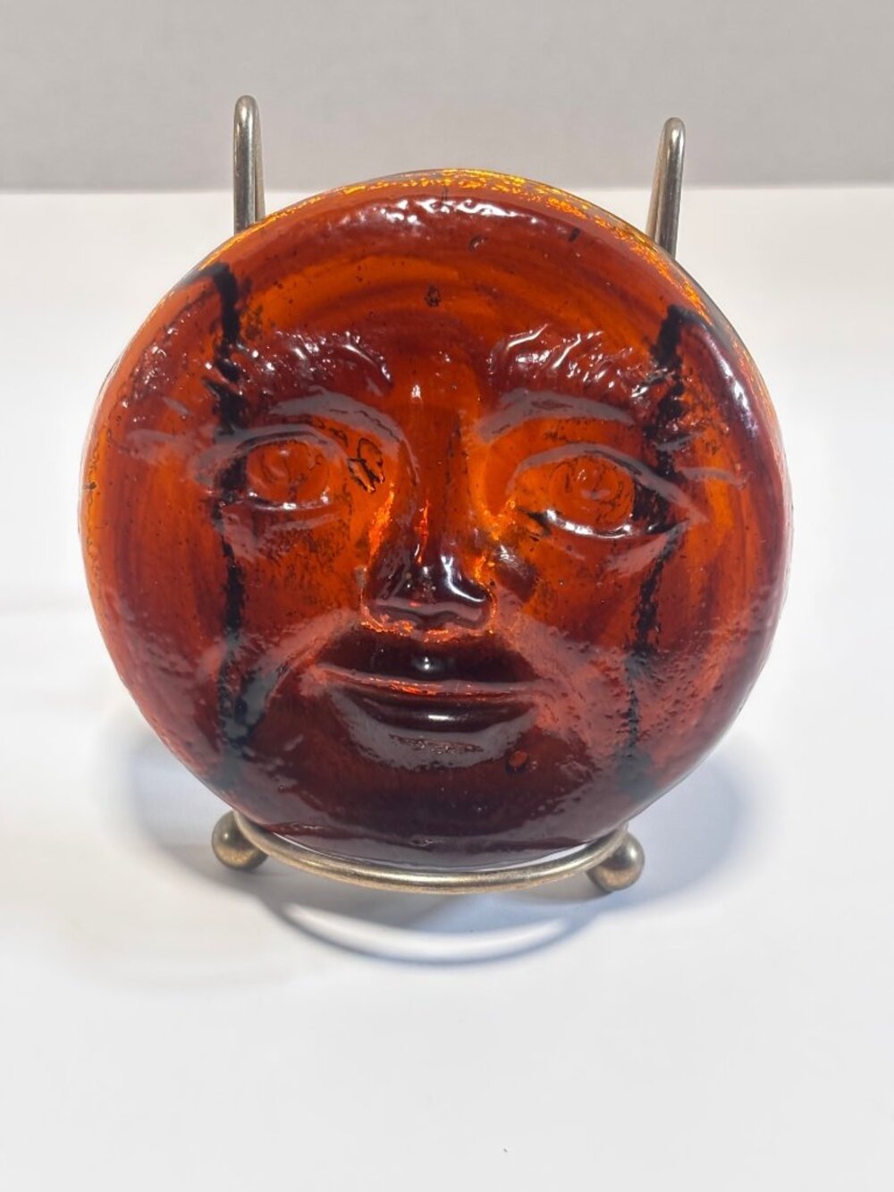HandBlown Amber Glass Sun-Face Paperweight Crafting Piece VTG 60s Rustic Decor
